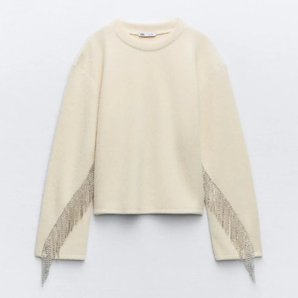 Zara Rhinestone Soft Knit Round Neck Sweater Ecru White  Size Medium NWT - Picture 1 of 14